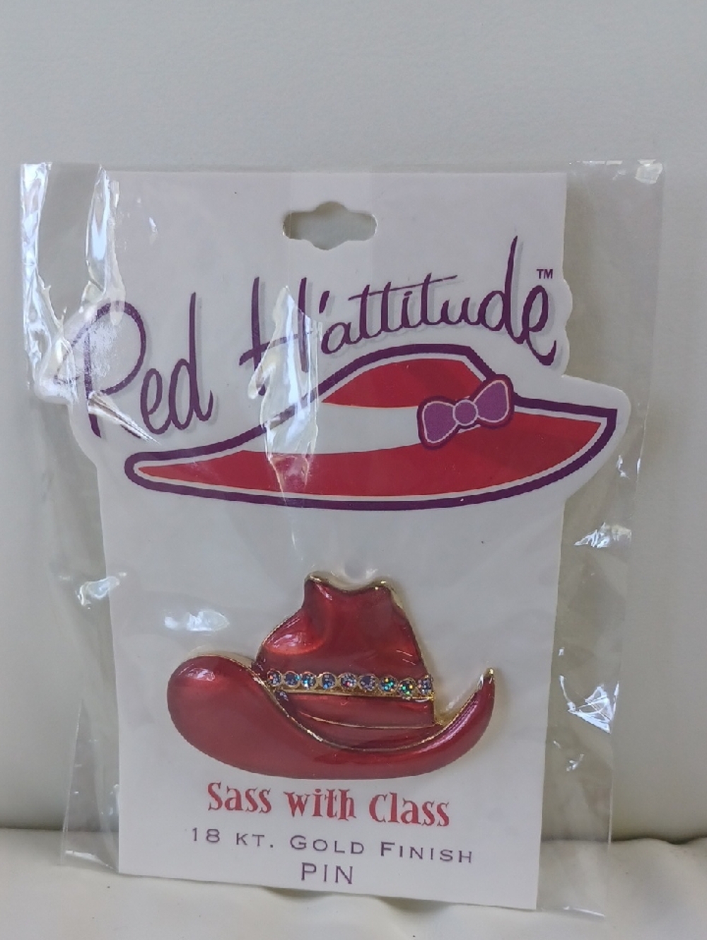 New In Pkg Red H'attitude Cowboy Hat Pin With Rhinestones and 18k Gold Finish